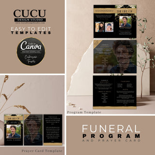 Funeral home, funeral arrangement, memorial service, funeral planning, memorial service ideas, funeral ideas, funeral program, prayer card, Spanish funeral program templates, canva funeral templates, funeral announcement, funeral service, cucu design studio
