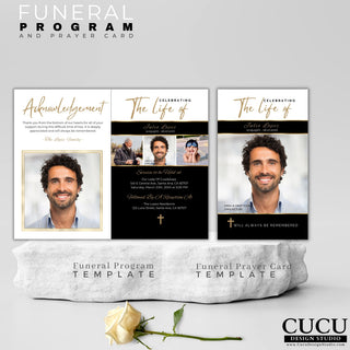 funeral program, canva funeral program, Canva template, Funeral card, Funeral template, Loss of loved one, Black Gold Funeral Program, Elegant Prayer Card and Funeral Program Template, Funeral Announcement, Funeral Cards, Cucu design studio, memorial