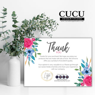 Editable Canva thank you card with vibrant watercolor roses, botanical accents, elegant script typography, customer appreciation message, and customizable branding elements.

ES: Tarjeta de agradecimiento editable en Canva con rosas en acuarela, detalles botánicos, elegante tipografía manuscrita, mensaje de agradecimiento al cliente y elementos de marca personalizables.