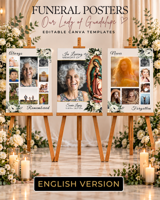 Three personalized Canva-style funeral memorial posters displayed on wooden easels in a decorated indoor setting with flowers, candles, and draped fabric. The posters feature religious imagery, photo collages, and text such as 'Always', 'In Loving Memory', 'Never', and 'Remembered' / 'Forgotten'.