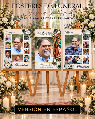 Three Spanish-language funeral memorial posters displayed on wooden easels in a decorated event setting with flowers and candles. The posters feature photo collages and text such as 'Siempre', 'En Recuerdos Amoroso De', and 'Nunca', with a banner reading 'Versión en Español'.