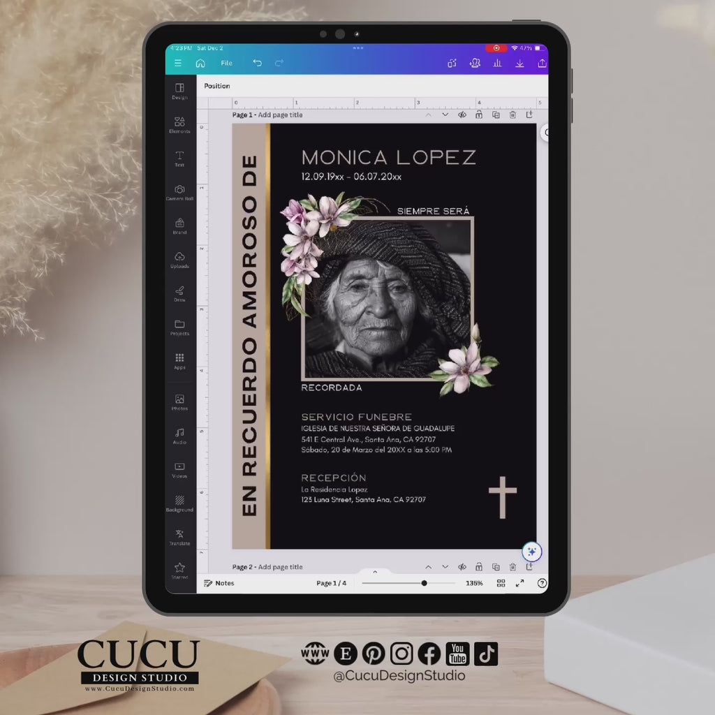 Plantilla de invitación de funeral editándose en Canva en tablet, personaliza texto y fotos fácilmente, descarga inmediata después de la compra, diseño profesional / Funeral invitation template being edited in Canva on tablet, easily customize text and photos, instant download after purchase, professional design