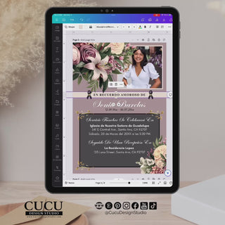 Edita invitación de funeral en Canva desde tablet o celular, plantilla memorial editable fácil de usar, personalización rápida sin experiencia, descarga digital / Edit funeral invitation in Canva on tablet or phone, easy editable memorial template, quick customization no experience needed, digital download