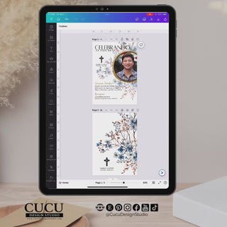 Plantilla de invitación de funeral abierta en Canva en tablet, mostrando edición fácil con foto y texto, accesible en celular, computadora o tablet / Funeral invitation template open in Canva on tablet, showing easy editing with photo and text, accessible on phone, computer or tablet