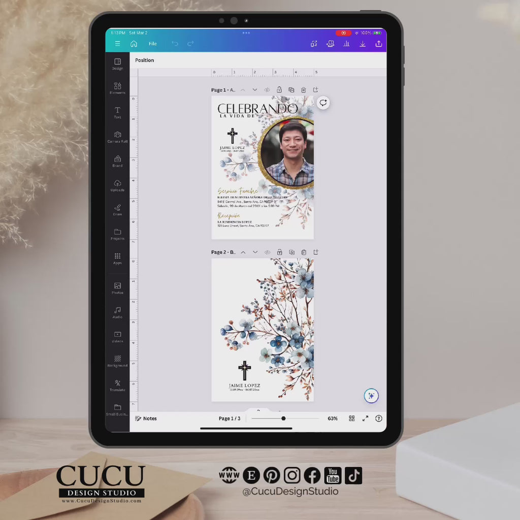 Plantilla de invitación de funeral abierta en Canva en tablet, mostrando edición fácil con foto y texto, accesible en celular, computadora o tablet / Funeral invitation template open in Canva on tablet, showing easy editing with photo and text, accessible on phone, computer or tablet