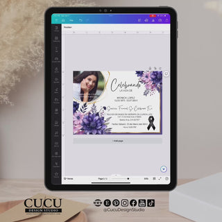 Plantilla de invitación funeral en Canva mostrada en tablet, fácil de editar desde celular o computadora, acceso inmediato después de la compra, diseño floral elegante en tonos morados / Funeral invitation Canva template shown on tablet, easy to edit on phone or computer, instant access after purchase, elegant purple floral design