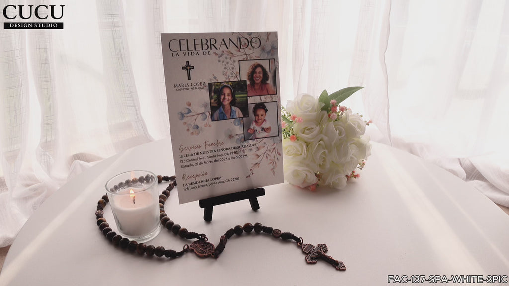 Video de invitación de funeral editable en Canva con diseño floral elegante y múltiples fotos familiares, tarjeta memorial en español sobre base con vela, rosario y flores blancas, fácil de personalizar en minutos / Video of editable funeral invitation Canva template with elegant floral design and multiple family photos, Spanish memorial card displayed with candle, rosary and white flowers, easy to customize in minutes, instant download