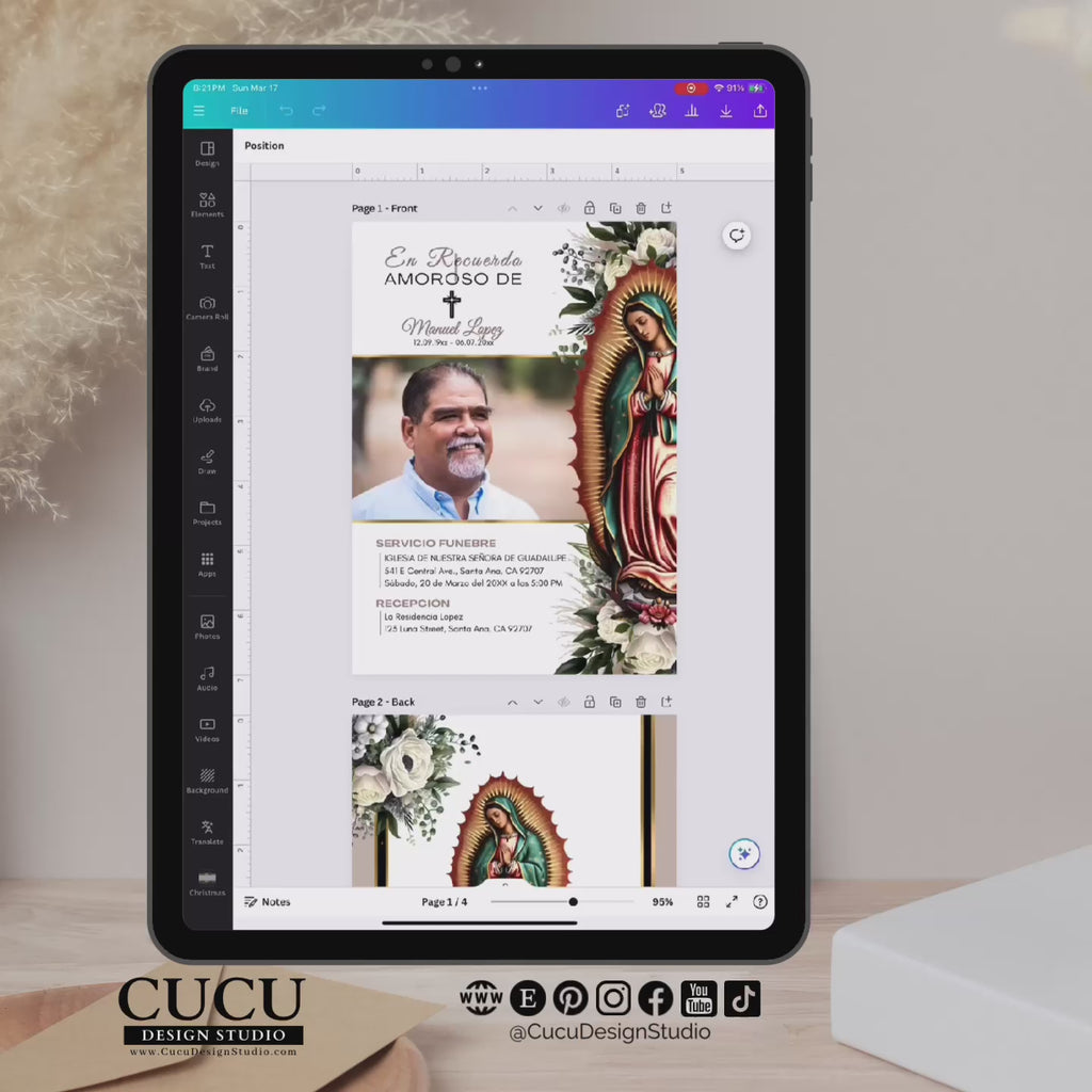 Plantilla de invitación funeraria siendo editada en Canva desde una tablet, mostrando la interfaz de diseño con una invitación elegante que incluye foto del difunto, cruz religiosa, flores blancas y la Virgen María estilo Virgen de Guadalupe, diseño en tonos beige y dorado, demostrando cómo personalizar texto, imágenes y detalles del servicio funerario fácilmente desde celular, computadora o tablet, producto digital listo para descargar e imprimir o enviar