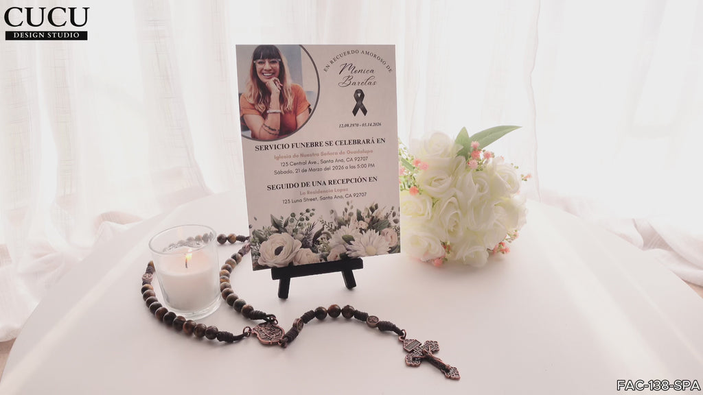Plantilla de invitación de funeral editable en Canva en español, diseño floral elegante con foto personalizada, incluye texto “sin experiencia necesaria, agrega foto y texto, listo en minutos”, descarga digital inmediata / Editable Spanish funeral invitation template in Canva with elegant floral design and custom photo, includes text “no experience needed, add photo and text, ready in minutes”, instant digital download