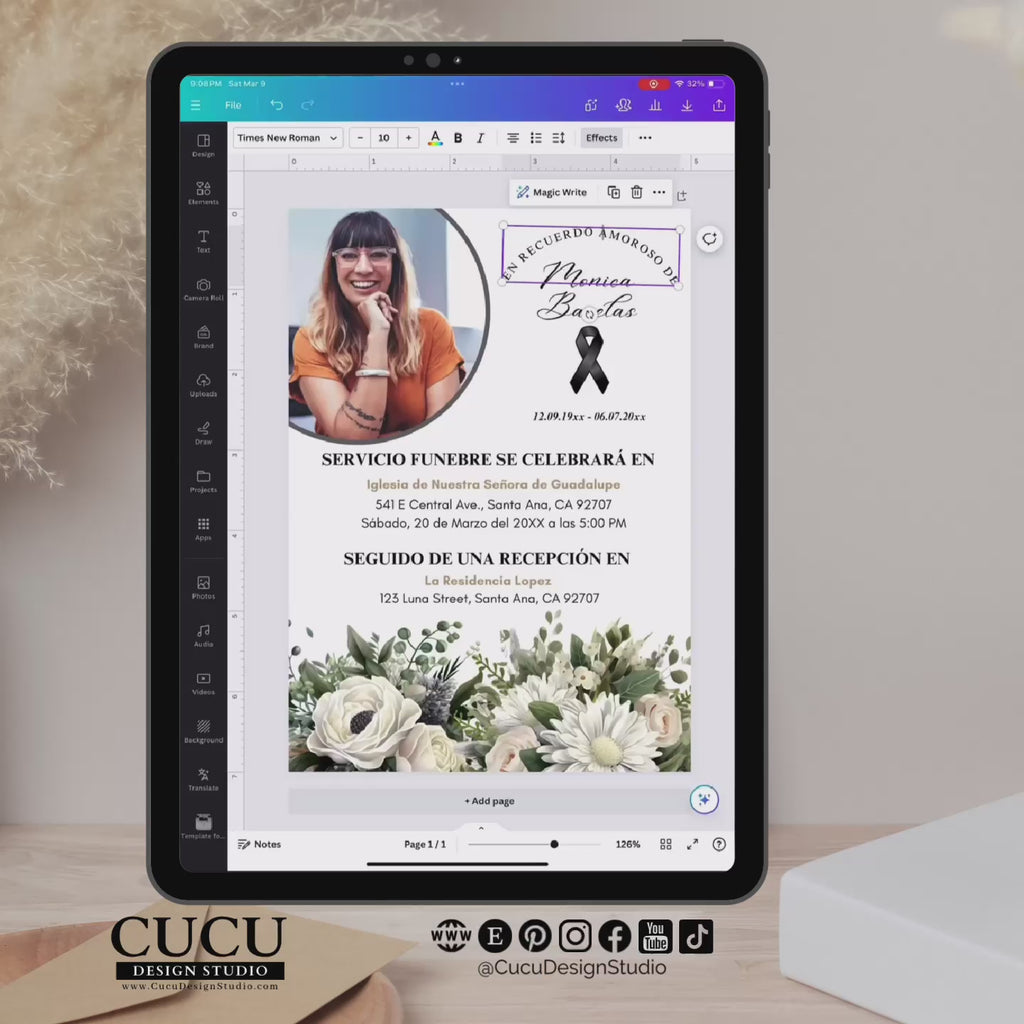 Edición de invitación funeral en Canva desde tablet, diseño floral elegante con foto personalizada, acceso inmediato y descarga digital / Editing funeral invitation in Canva on tablet, elegant floral design with custom photo, instant access and digital download