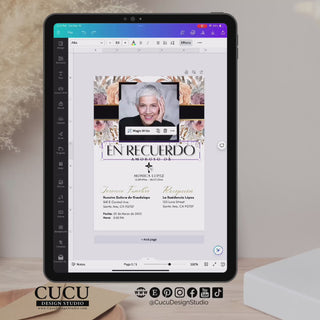 Plantilla de invitación de funeral editable en Canva mostrada en tablet con diseño floral elegante en tonos beige, negro y dorado, incluye foto personalizada fácil de editar en minutos descarga digital / Editable funeral invitation template in Canva displayed on tablet with elegant floral design in beige black and gold tones, includes custom photo easy to edit in minutes instant digital download