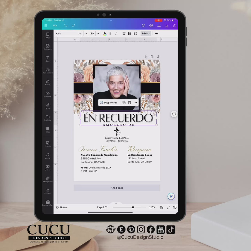 Plantilla de invitación de funeral editable en Canva mostrada en tablet con diseño floral elegante en tonos beige, negro y dorado, incluye foto personalizada fácil de editar en minutos descarga digital / Editable funeral invitation template in Canva displayed on tablet with elegant floral design in beige black and gold tones, includes custom photo easy to edit in minutes instant digital download