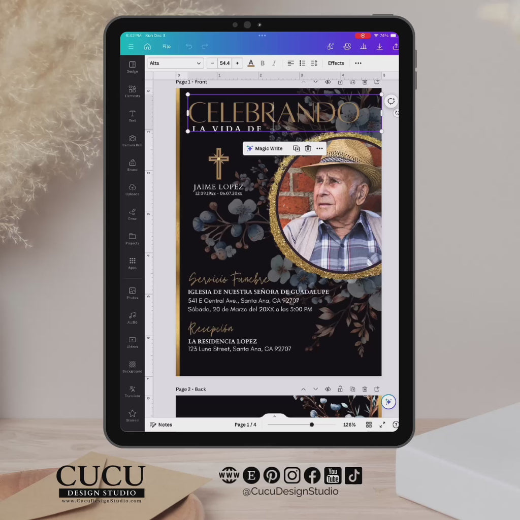 Plantilla de invitación de funeral editable en Canva desde tablet, celular o computadora, diseño elegante con foto / Funeral invitation template editable in Canva on tablet, phone or computer, elegant design with photo