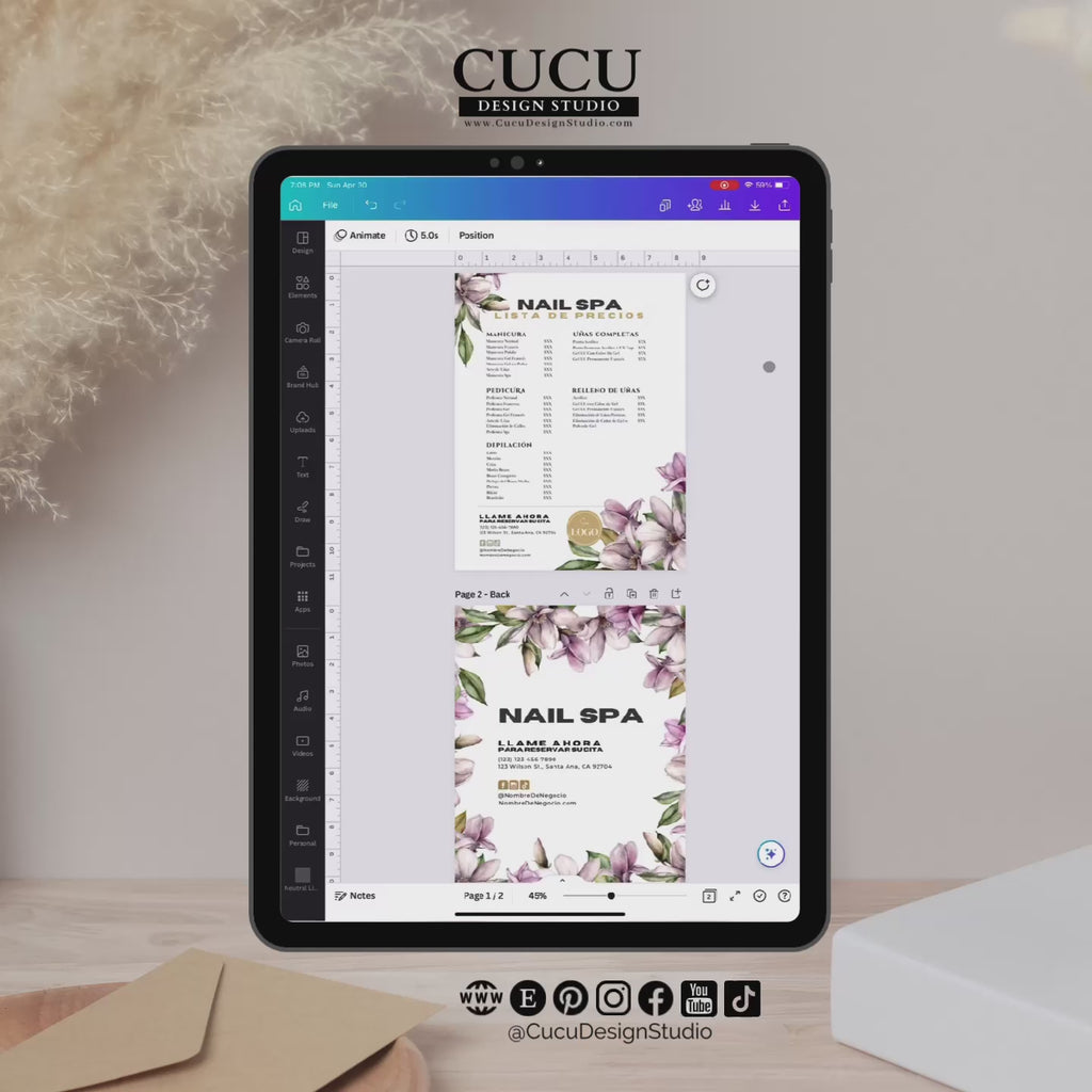 Price list, menu price list, nail spa prices, spanish price list, plantillas personalizables, plantillas para salon de uñas, business price list spanish, cucu design studio, menu list spanish, flower design price list, Canva templates, plantillas Canva, nail spa, manicure price, pedicure prices, wax prices