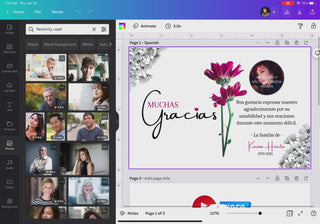 Plantilla de tarjeta de agradecimiento funeral editable en Canva con diseño moderno, flores rosadas, texto “Muchas Gracias” y espacio para foto personalizada / Editable funeral thank you card Canva template with modern design, pink flowers, “Muchas Gracias” text and customizable photo space