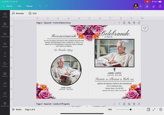 Programa funerario personalizable con foto del difunto, tipografía elegante y decoración floral, descarga instantánea y edición fácil en Canva / Customizable funeral program with photo, elegant typography and floral accents, instant download and easy Canva editing