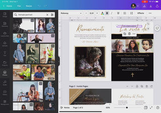 Plantilla funeraria editable en Canva con diseño elegante en tonos blanco negro y dorado mostrando programa funerario con secciones de reconocimiento portada con fotos familiares y detalles del servicio memorial ideal para homenajes personalizados fácil de editar y listo en minutos / Editable funeral template in Canva featuring an elegant white black and gold design showing a funeral program with acknowledgment section cover layout with family photos and memorial service details ideal for personalized tribu