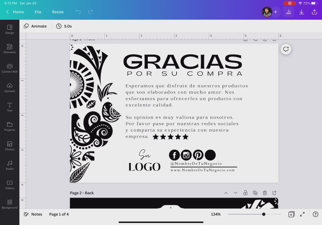 Plantilla de tarjeta de agradecimiento editable en Canva con diseño elegante blanco y negro para pequeños negocios / Editable Canva thank you card template with elegant black and white design for small businesses