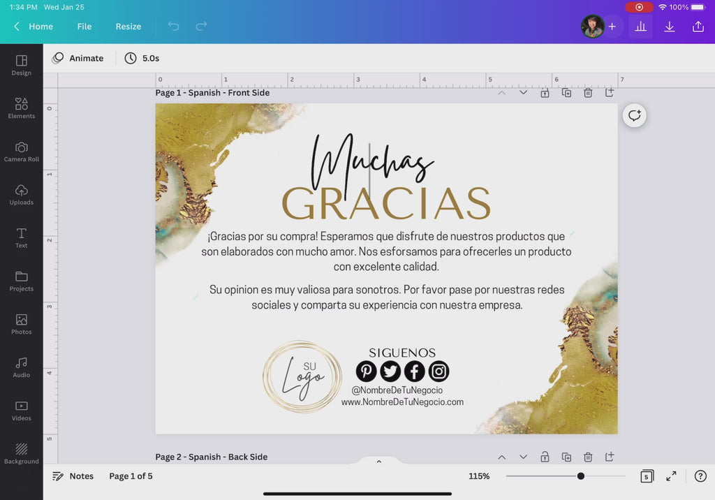 Vista de plantilla editable de tarjeta de agradecimiento en Canva con diseño elegante dorado para pequeños negocios / Editable Canva thank you card template view with elegant gold design for small businesses