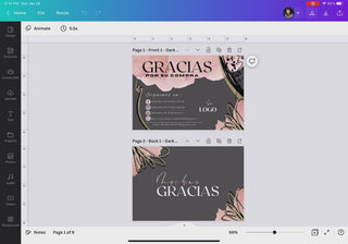 Pantalla de edición en Canva mostrando una tarjeta “Gracias por su compra” con colores neutros, detalles artísticos y formato editable. / Canva editing screen displaying a “Gracias por su compra” card with neutral colors, artistic details, and editable format.