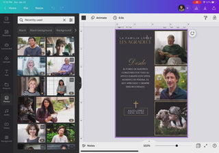 Editor de Canva mostrando una tarjeta de agradecimiento funeraria en diseño oscuro elegante con detalles dorados, incluye múltiples fotos familiares, nombre y mensaje personalizable, plantilla editable en Canva desde computadora / Canva editor displaying an elegant dark funeral thank you card template with gold accents, includes multiple family photos, customizable name and message, editable in Canva on desktop