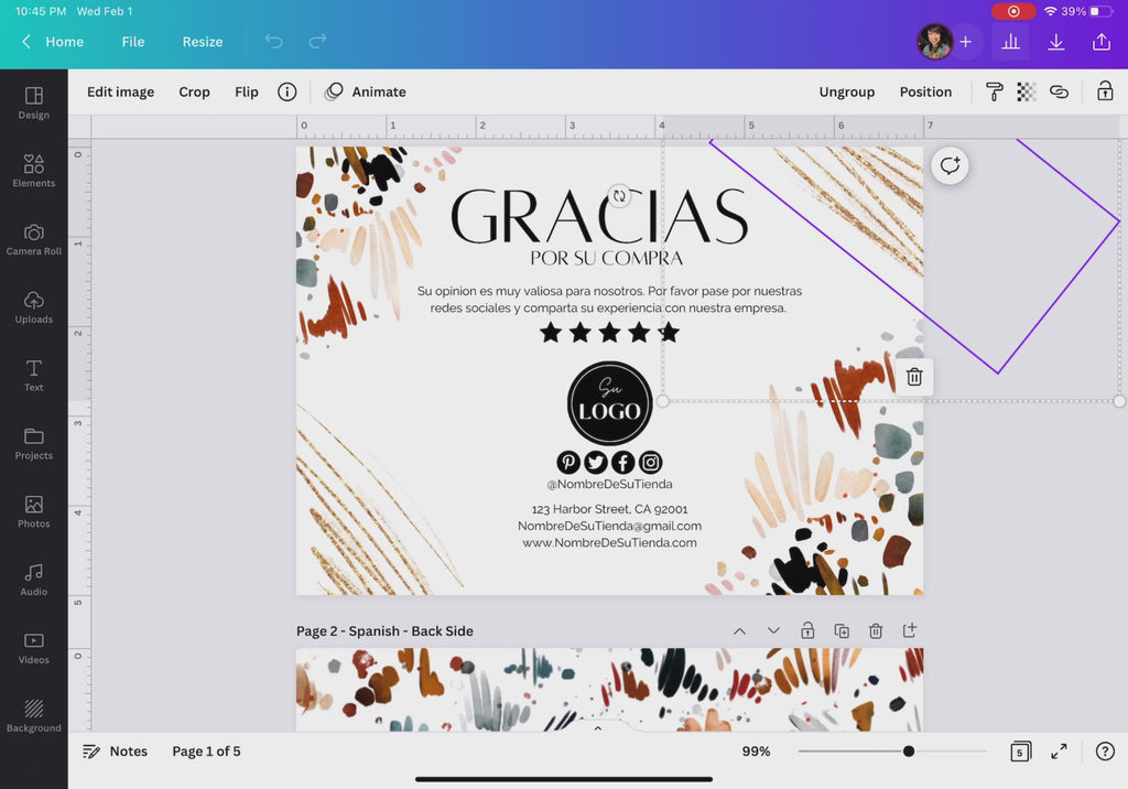 Video mostrando la edición en Canva de una tarjeta de agradecimiento para pequeños negocios con diseño moderno abstracto y detalles dorados / Video showing Canva editing of a thank you card for small businesses with modern abstract design and gold details