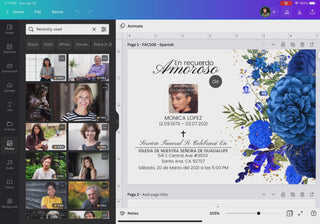 Invitación de funeral editable en Canva con flores azules elegantes, tarjeta memorial en español con foto y cruz, diseño sobre mesa con vela y rosario, plantilla digital descarga inmediata / Editable funeral invitation Canva template with elegant blue flowers, Spanish memorial card with photo and cross, styled with candle and rosary on table, instant download digital template