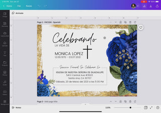 Invitación de funeral en español con diseño elegante en tonos azul y dorado, flores azules grandes con detalles dorados, cruz central y tipografía moderna, plantilla editable en Canva con descarga digital instantánea ideal para honrar la memoria de un ser querido con estilo y respeto / Spanish funeral invitation with elegant blue and gold design, large blue floral arrangement with gold accents, central cross and modern typography, editable Canva template with instant digital download ideal for honoring a lo