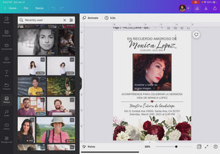 Vista del editor de Canva mostrando cómo personalizar una invitación de funeral en español, plantilla editable con foto y texto reemplazable, diseño floral elegante con colores rojo e ivory, fácil de usar desde celular o computadora, ideal para crear un homenaje en minutos con descarga digital inmediata / Canva editor view showing how to customize a Spanish funeral invitation, editable template with replaceable photo and text, elegant red and ivory floral design, easy to use on phone or computer, perfect fo