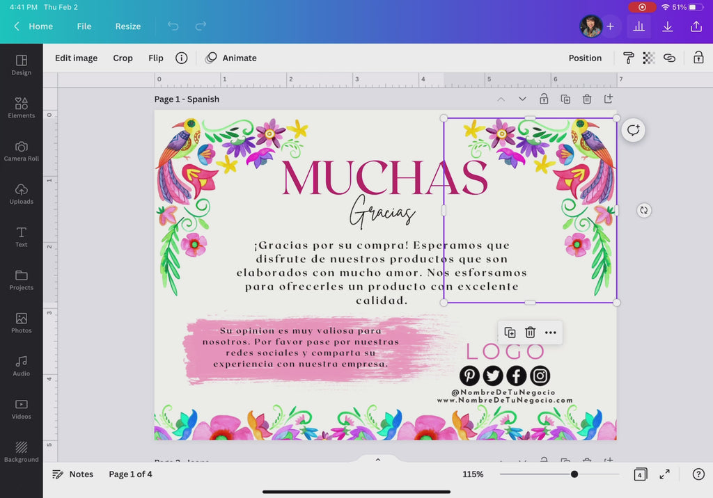 Plantilla editable de tarjeta de agradecimiento floral en Canva con espacio para logo y redes sociales / Editable floral thank you card template in Canva with logo and social media space
