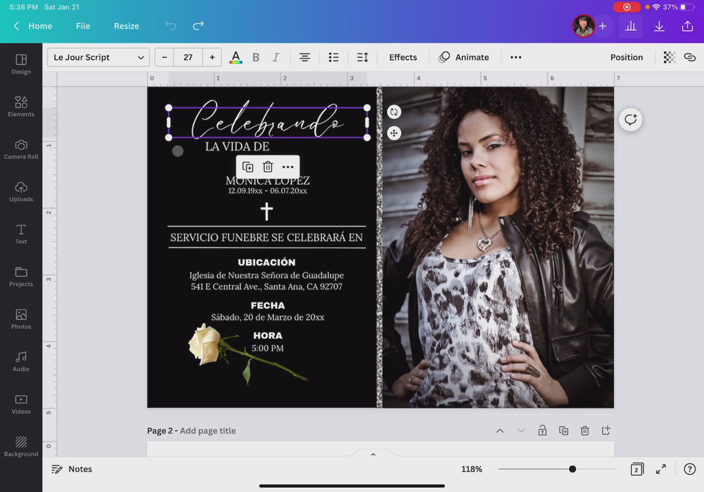 Pantalla de Canva mostrando diseño editable de invitación de funeral con foto y texto personalizable en tiempo real / Canva screen showing editable funeral invitation with customizable photo and text in real time