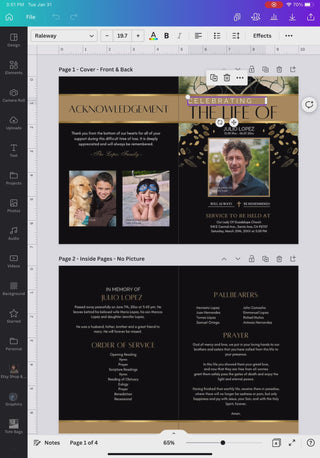 Plantilla de programa funerario editable en Canva diseño elegante negro y dorado con fotos familiares, portada con retrato, páginas interiores con orden de servicio, portadores del féretro y oración memorial / Editable funeral program template in Canva elegant black and gold design with family photos, front cover portrait, inside pages with order of service, pallbearers and memorial prayer
