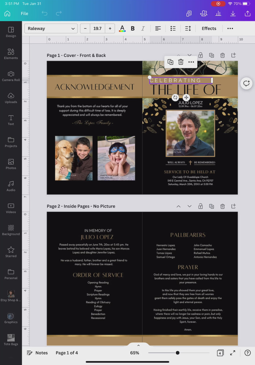 Plantilla de programa funerario editable en Canva diseño elegante negro y dorado con fotos familiares, portada con retrato, páginas interiores con orden de servicio, portadores del féretro y oración memorial / Editable funeral program template in Canva elegant black and gold design with family photos, front cover portrait, inside pages with order of service, pallbearers and memorial prayer