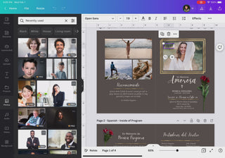 Edición de plantilla funeral en Canva desde computadora con fotos y texto programa funerario editable diseño elegante memorial en español / Editing funeral template in Canva on desktop with photos and text editable funeral program elegant memorial design in Spanish
