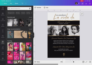 Pantalla de Canva mostrando la edición de una invitación de funeral con diseño elegante en negro y dorado, opciones de imágenes disponibles para personalizar el diseño fácilmente / Canva screen showing editing of a funeral invitation with elegant black and gold design, image options available to easily customize the template