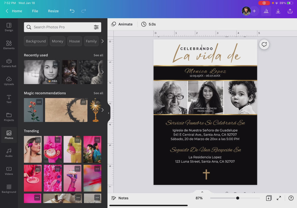 Pantalla de Canva mostrando la edición de una invitación de funeral con diseño elegante en negro y dorado, opciones de imágenes disponibles para personalizar el diseño fácilmente / Canva screen showing editing of a funeral invitation with elegant black and gold design, image options available to easily customize the template