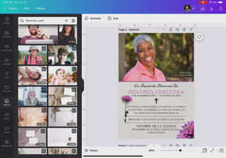 Plantilla de invitación de funeral editable en Canva mostrada en pantalla, fácil de personalizar con foto y texto, diseño en español listo para editar en minutos desde celular o computadora / Editable funeral invitation Canva template shown on screen, easy to customize with photo and text, Spanish design ready to edit in minutes from phone or computer
