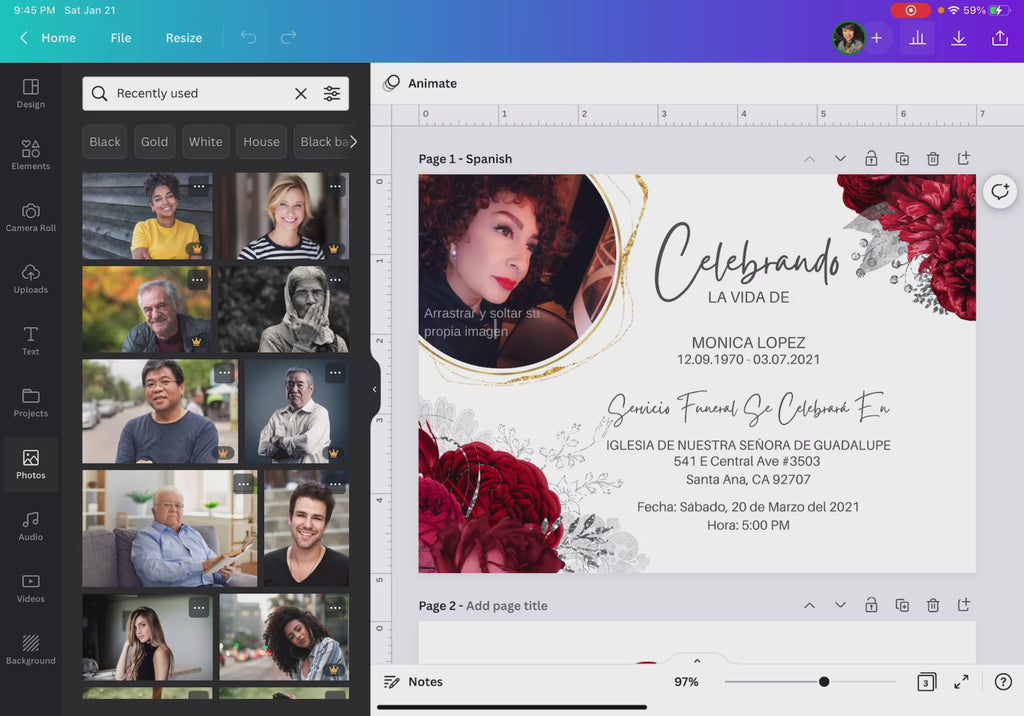Edición de plantilla de invitación de funeral en Canva desde tablet, muestra cómo personalizar el diseño fácilmente en minutos, acceso inmediato después de la compra, compatible con celular, computadora y tablet / Editing funeral invitation template in Canva on tablet, showing easy customization in minutes, instant access after purchase, works on phone, computer, and tablet