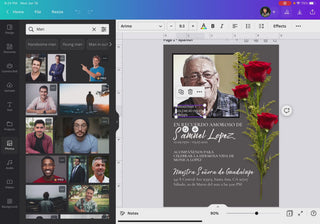 Invitación de funeral editable en Canva siendo personalizada, selección de foto de hombre mayor en diseño memorial con fondo gris y rosas rojas, plantilla digital fácil de usar / Editable funeral invitation in Canva being customized, selecting senior man photo in memorial design with gray background and red roses, easy-to-use digital template