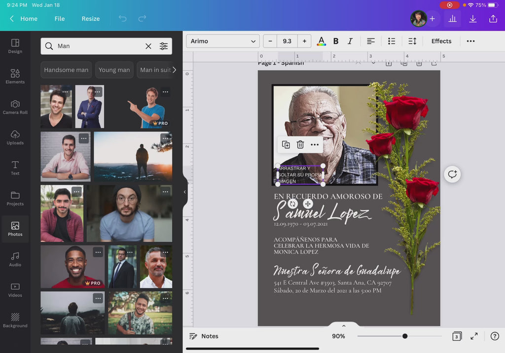 Invitación de funeral editable en Canva siendo personalizada, selección de foto de hombre mayor en diseño memorial con fondo gris y rosas rojas, plantilla digital fácil de usar / Editable funeral invitation in Canva being customized, selecting senior man photo in memorial design with gray background and red roses, easy-to-use digital template