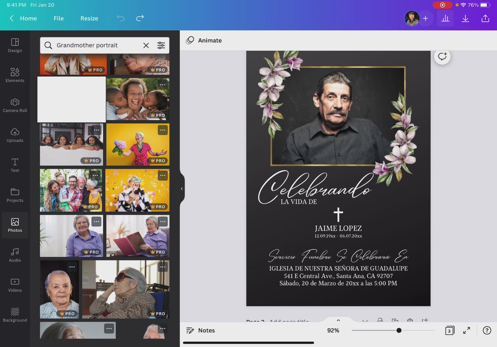 Invitación de funeral elegante en Canva con fondo negro y marco dorado, foto de hombre mayor con flores blancas, diseño memorial editable en español listo para personalizar / Elegant funeral invitation in Canva with black background and gold frame, senior man portrait with white flowers, editable Spanish memorial design ready to customize