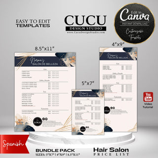 Spanish Canva salon menu template,  Spanish menu template,  Spanish canva menu template,  Spanish business service menu, Spanish template,  Spanish service canva template,  Spanish small business service template,  Spanish service menu canva, Spanish Small business salon menu, price list, salon price list