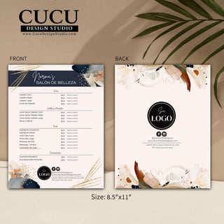 Spanish Canva salon menu template,  Spanish menu template,  Spanish canva menu template,  Spanish business service menu, Spanish template,  Spanish service canva template,  Spanish small business service template,  Spanish service menu canva, Spanish Small business salon menu