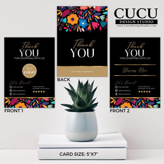 Editable boho floral thank you card template set featuring black and gold accents, colorful flowers, two front designs, one matching back design, logo space, social media details, and Canva customization for small businesses.

ES: Conjunto de plantillas editables de tarjetas de agradecimiento estilo boho floral con detalles en negro y dorado, flores coloridas, dos diseños frontales, un diseño posterior, espacio para logotipo, redes sociales y personalización en Canva para pequeños negocios.