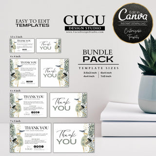 Multi-size boho thank you card bundle featuring editable Canva templates in 3.5x2, 4x4, 6x4, and 7x5 inch sizes with sage green watercolor accents, botanical artwork, gold details, and customizable branding elements for small businesses.

ES: Paquete de tarjetas de agradecimiento estilo boho en varios tamaños con plantillas editables de Canva en medidas 3.5x2, 4x4, 6x4 y 7x5 pulgadas, con detalles de acuarela verde salvia, ilustraciones botánicas, acentos dorados y elementos de marca personalizables para pe