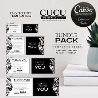 Black and white thank you card bundle template featuring decorative floral artwork, editable Canva design, front and back layouts, and multiple sizes including 3.5x2, 4x4, 6x4, and 7x5 inches for small business packaging inserts.

ES: Paquete de plantillas de tarjetas de agradecimiento en blanco y negro con diseño floral decorativo, editable en Canva, diseños frontal y posterior, y múltiples tamaños incluyendo 3.5x2, 4x4, 6x4 y 7x5 pulgadas para insertos de empaque de pequeños negocios.