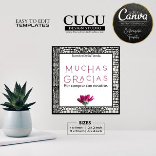 Spanish stickers, package stickers in Spanish, Thank you for your order stickers, thank you tags, Muchas gracias por su compra, tickers parta negocios,  cal amonios para negocio, gracias stickers, Canva stickers, canva templates, Spanish Canva Templates