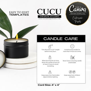 Candle, candle care, candle care card, candle care card template, editable candle care, printable candle care cards, digital download candle care cards, canva templates, template shop, cucu design studio, customizable candle care cards, English candle care cards, Spanish candle care cards, small business cards, small business candle cards, small business candle care cared