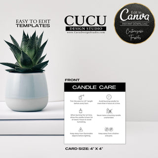Candle, candle care, candle care card, candle care card template, editable candle care, printable candle care cards, digital download candle care cards, canva templates, template shop, cucu design studio, customizable candle care cards, English candle care cards, Spanish candle care cards, small business cards, small business candle cards, small business candle care cared