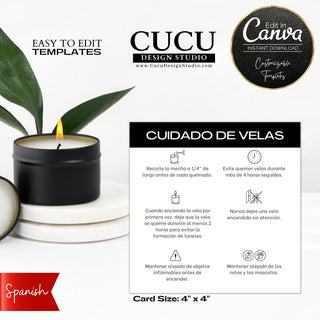 Spanish canva template, Spanish candle care card, candle care cards, small business candle care cards, 4x4 candle care cards, printable candle care card in Espanol, small business Spanish candle care card, tips como cuidar veladoras, cuidado de veladoras, velar doras como cuidar de ellas